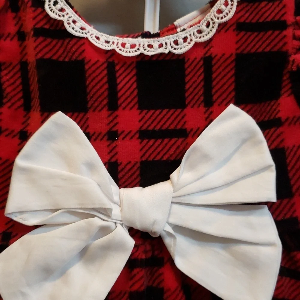 Little Me NWT Red and Black Plaid Dress with Lace/Bow Trim and Tights